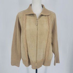 Designer Studio Originals Women's Leather Suede Sweater Jacket Tan Patch Large